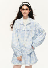 Plaid Embroidered Jacket & Lace Skirt Set